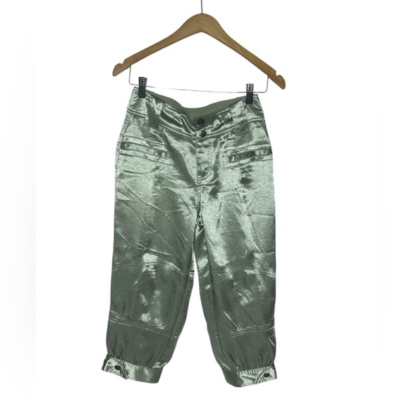 NEW Free People Ryder Pants Metallic Silver Satin Moto Crop Vegan Shiny Green 0 - Picture 4 of 13